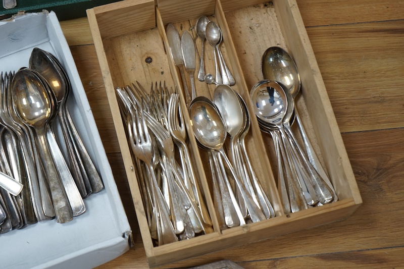 French silver plated flatware, a set of horn-handled cutlery, a silver plated tea tray and plated knife rests. Condition - fair to good